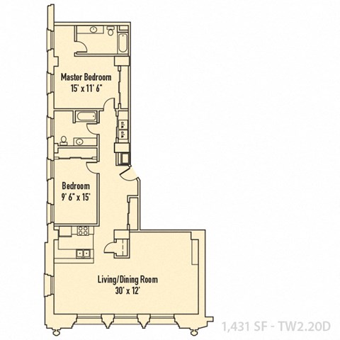 Floor plan for 2 beds, 2 baths, 1431 sqft